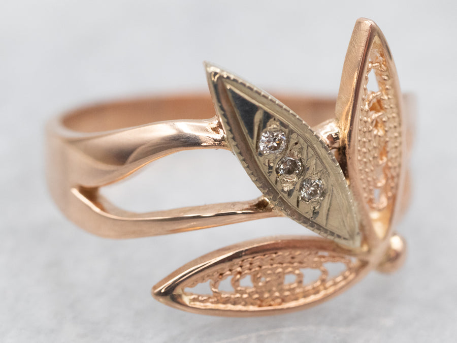 Vintage Two Tone Gold Leaf Ring with Diamond Accents