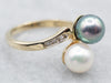 Yellow Gold Gray and White Pearl Bypass Ring