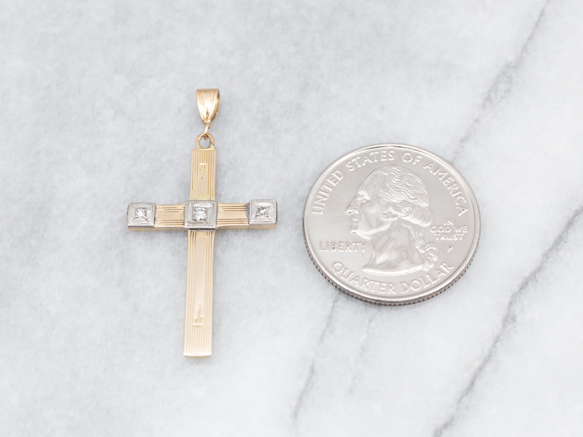 Retro Two Tone Gold Diamond Cross Pendant