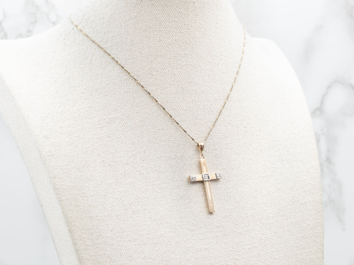 Retro Two Tone Gold Diamond Cross Pendant