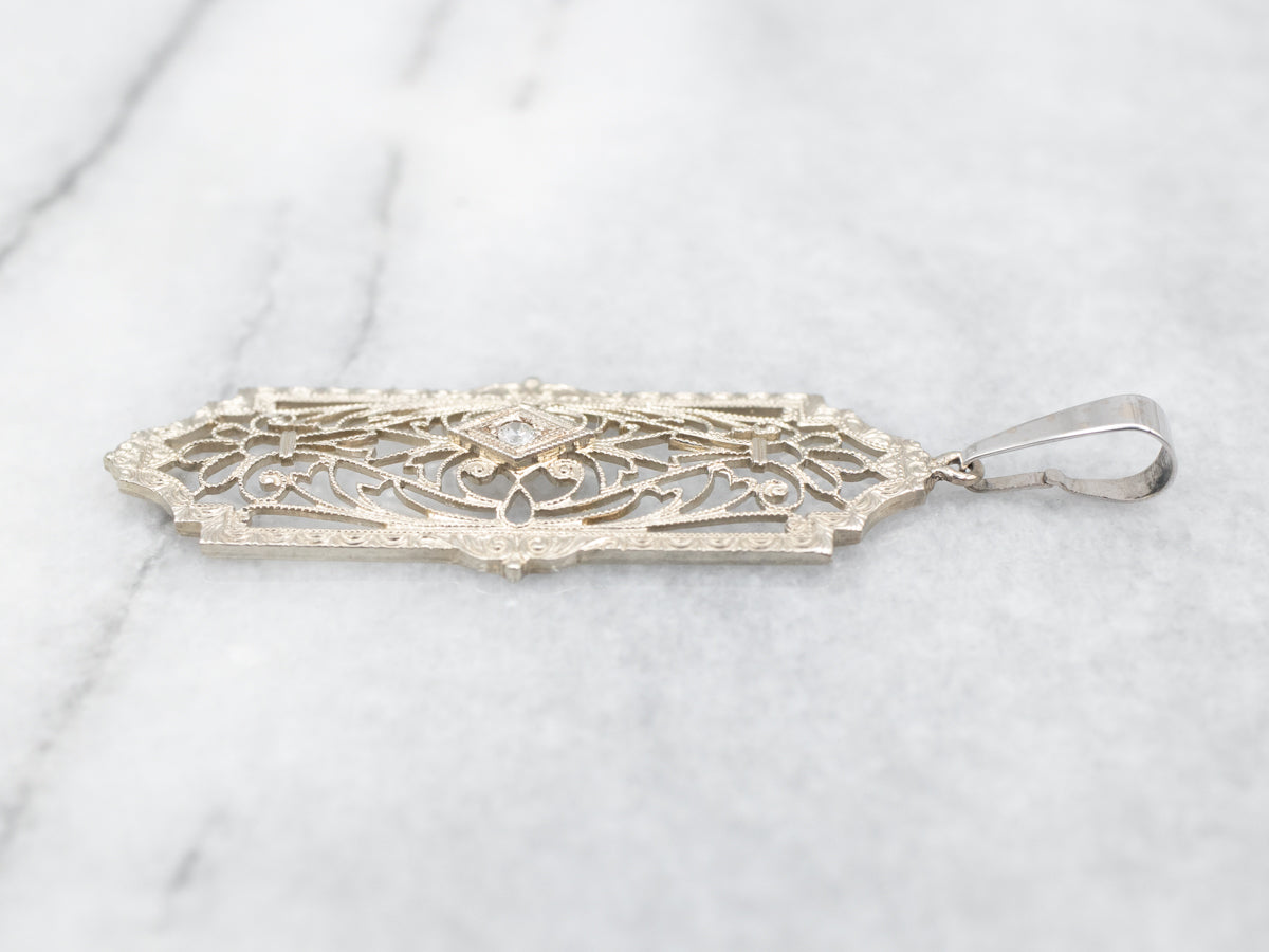 White Gold Art Deco Filigree Pendant with Diamond Accent