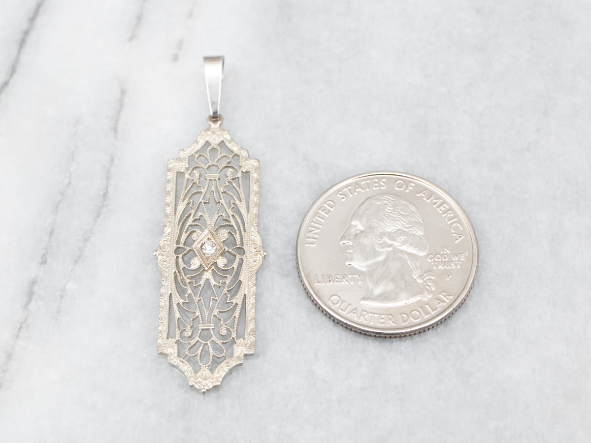 White Gold Art Deco Filigree Pendant with Diamond Accent