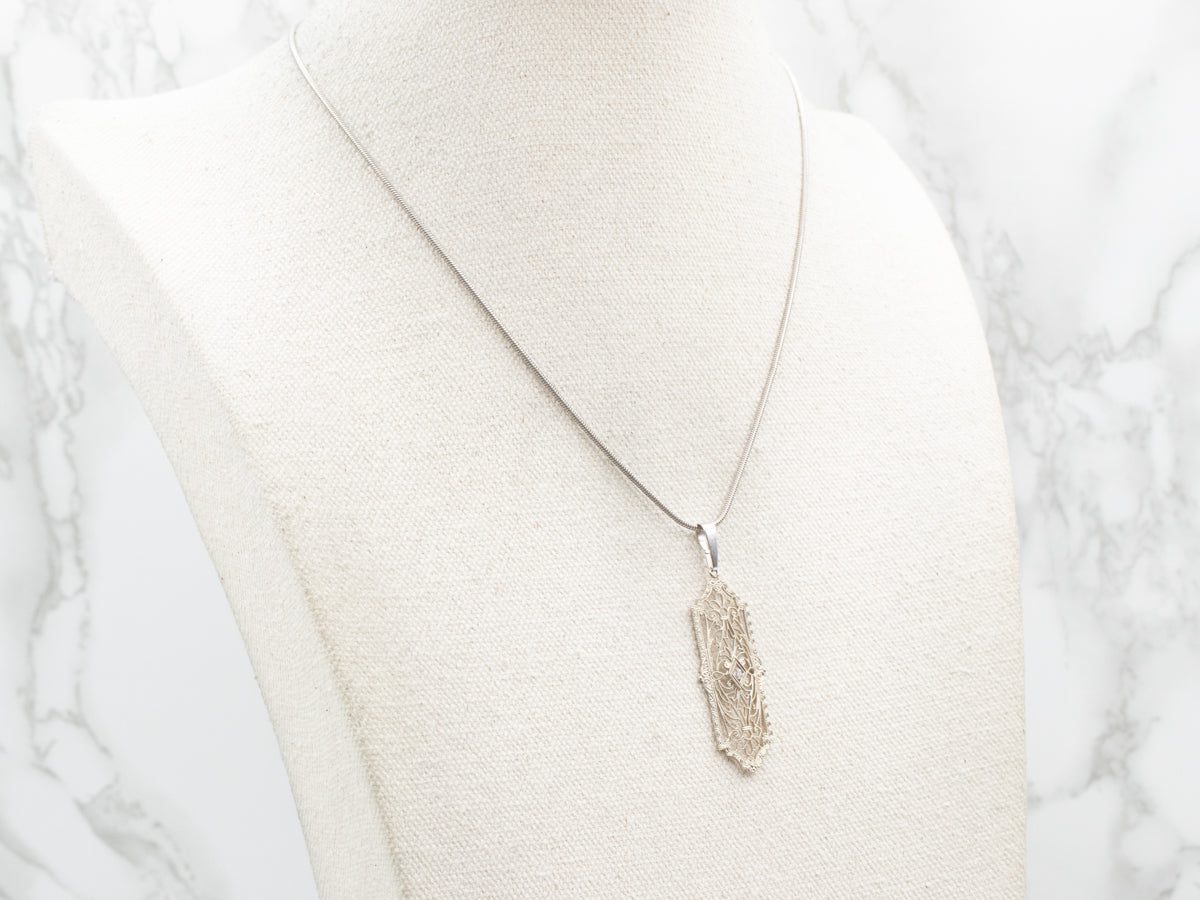 White Gold Art Deco Filigree Pendant with Diamond Accent