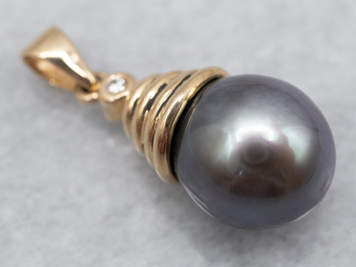 Yellow Gold Black Pearl Pendant with Diamond Accent