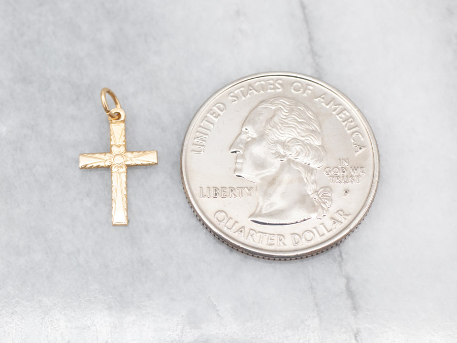 Yellow Gold Mini Etched Cross Pendant