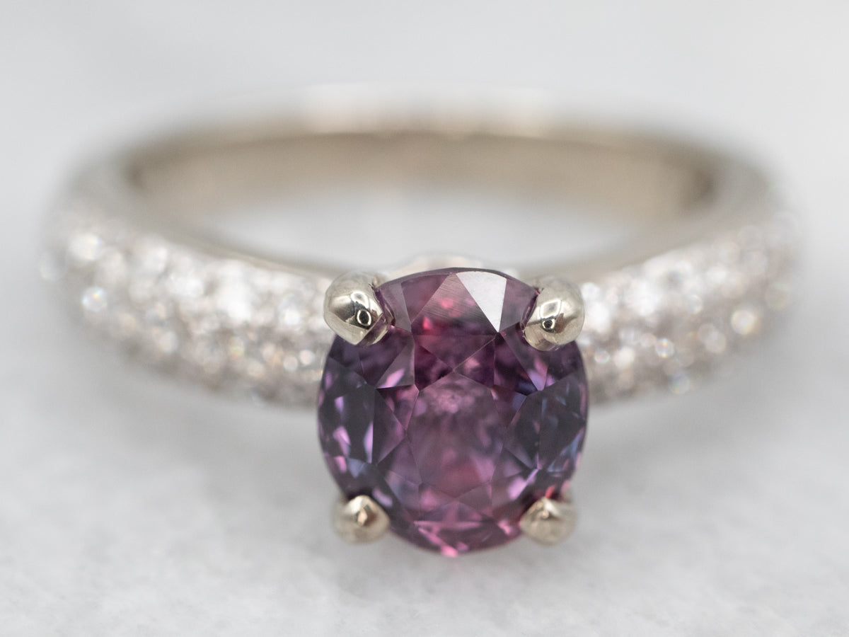 White Gold Pink Sapphire Ring with Diamond Shoulders