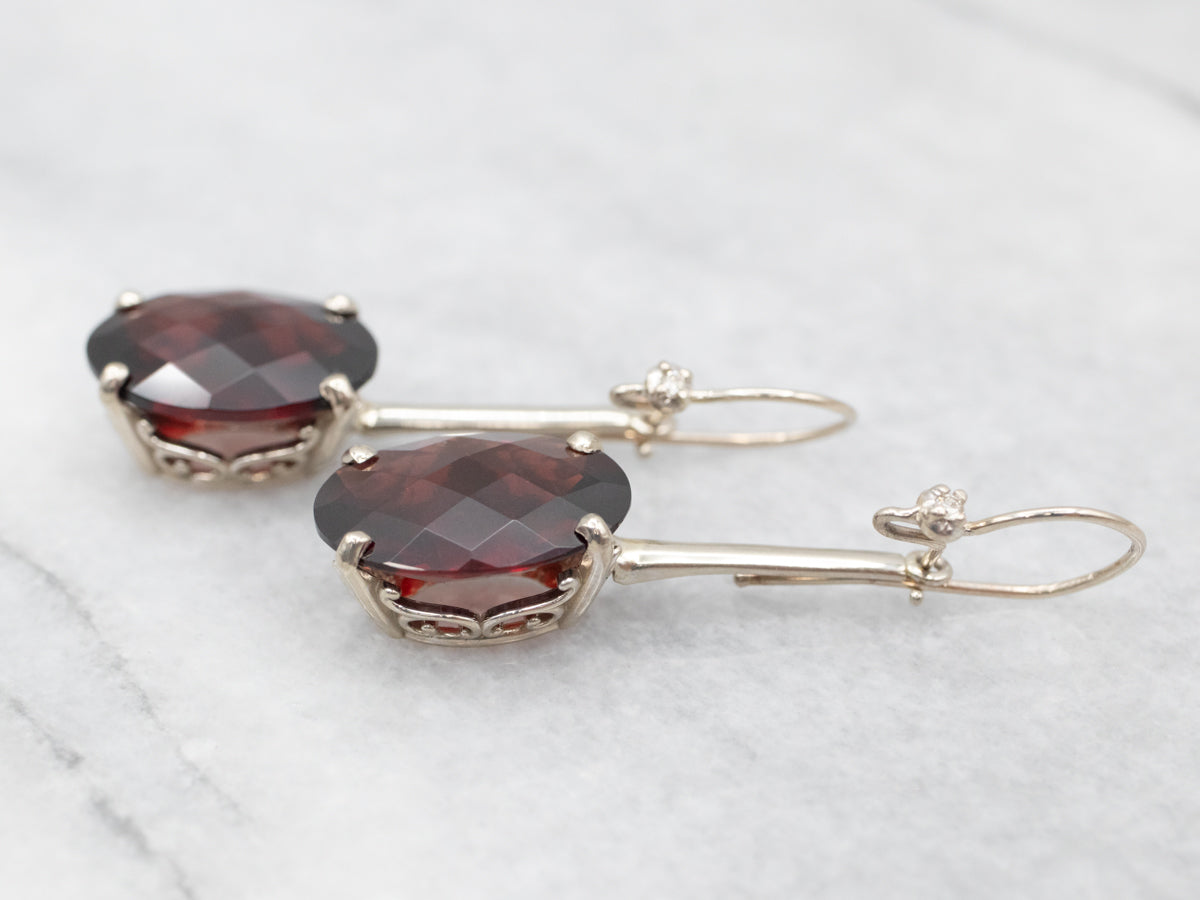 White Gold Garnet Drop Earrings with Diamond Accents