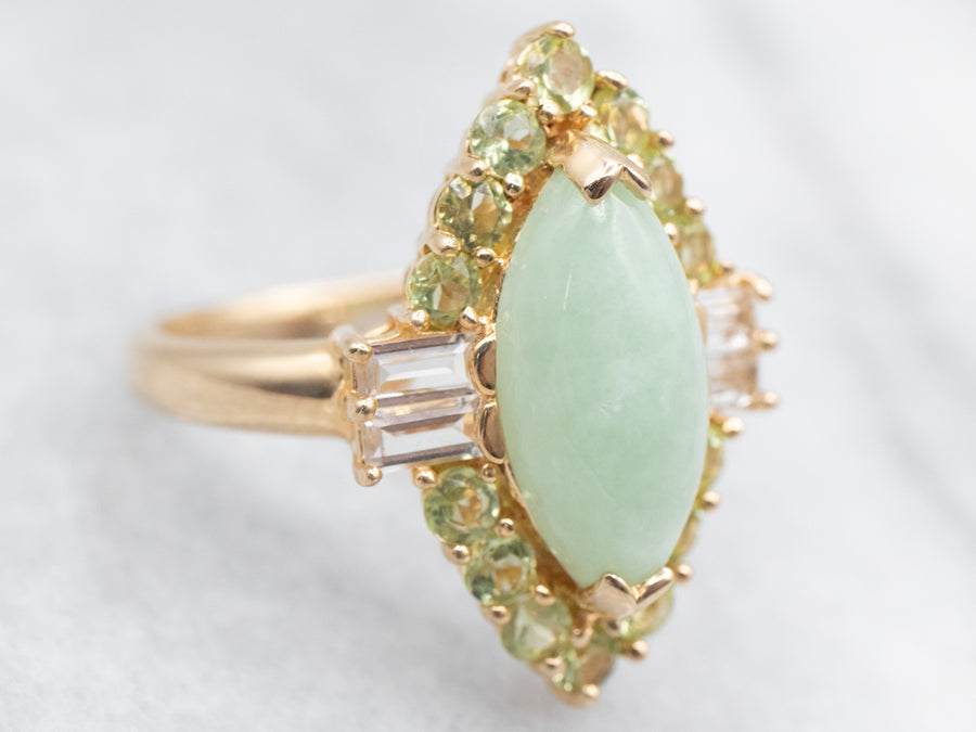 Yellow Gold Marquise Cut Jade Ring with Peridot Halo and White Topaz Accents