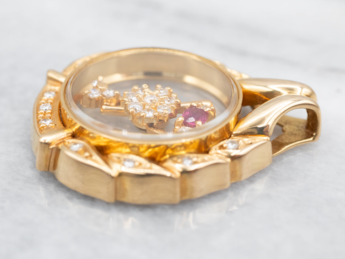 Yellow Gold Diamond and Ruby Spinner Pendant
