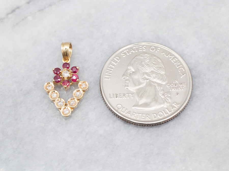 Yellow Gold Ruby and Diamond Flower Pendant