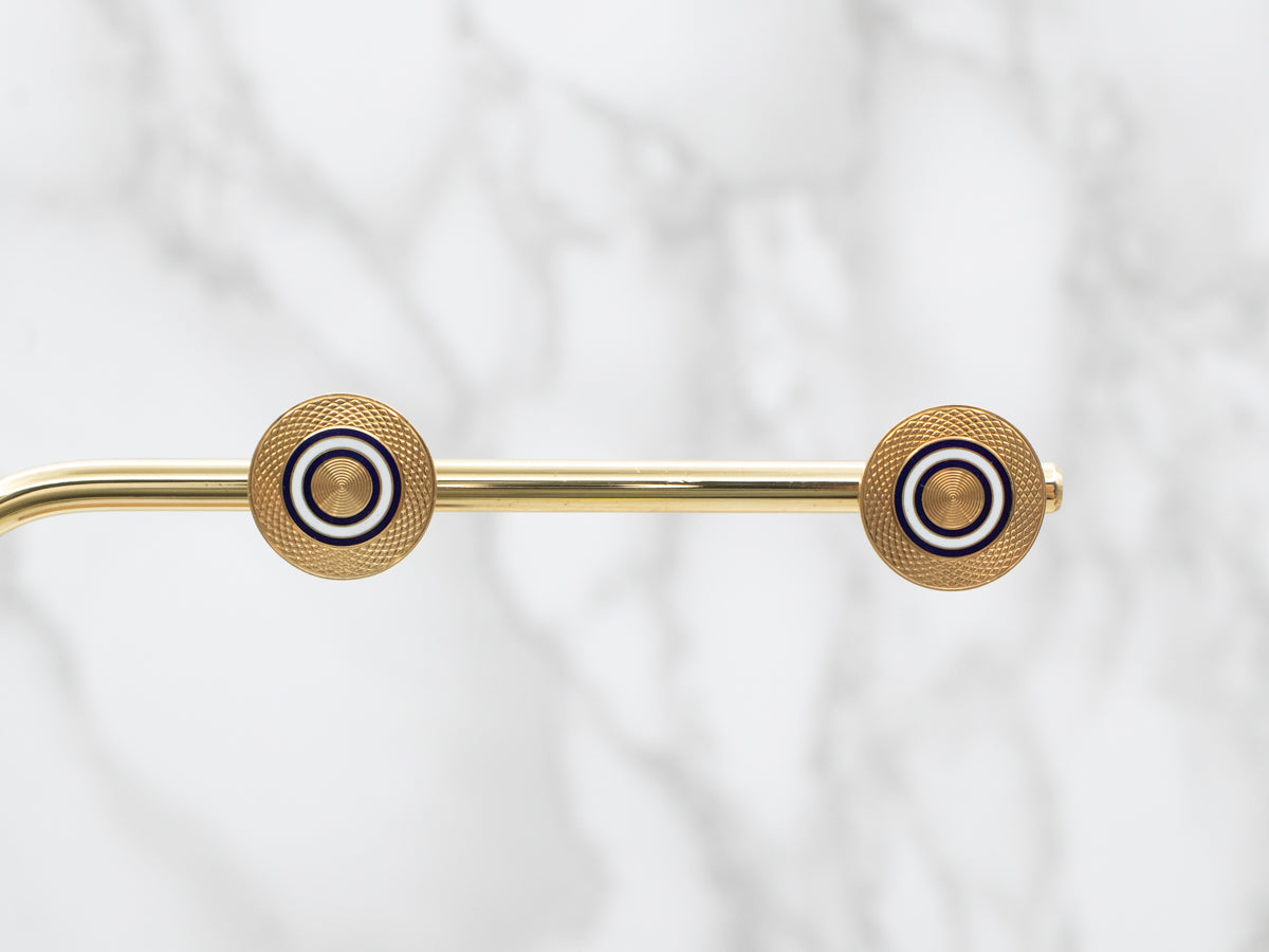 Yellow Gold Black and White Enamel Circle Stud Earrings