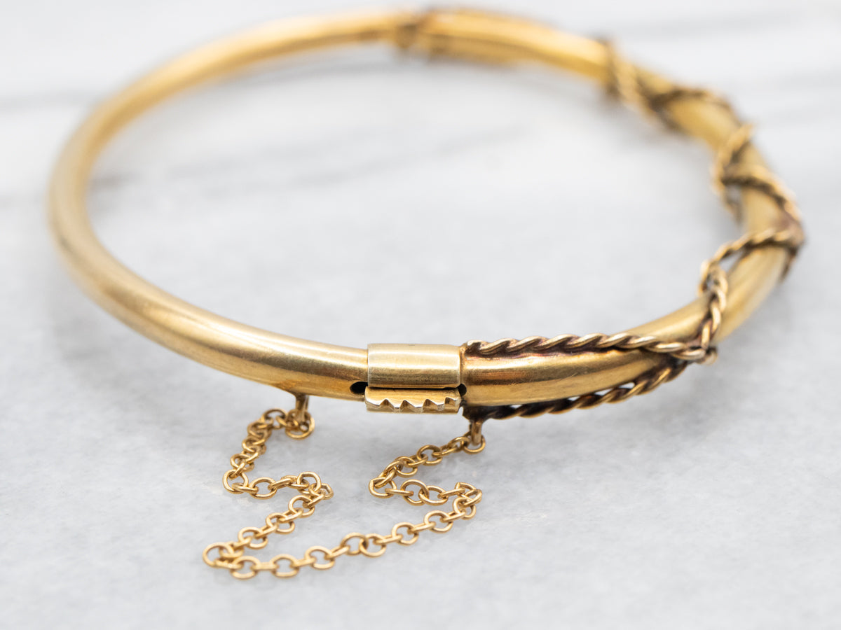 Antique Hinged Gold Bangle Bracelet with Twist Detail