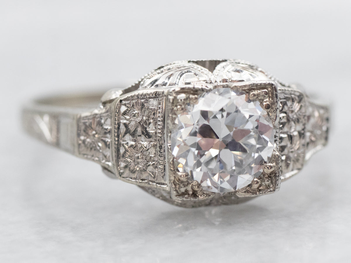 Late Deco GIA Certified European Cut Diamond Engagement Ring