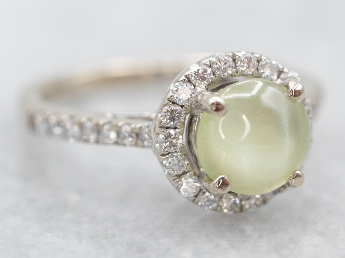 Modern Cat's Eye Chrysoberyl and Diamond Halo Ring