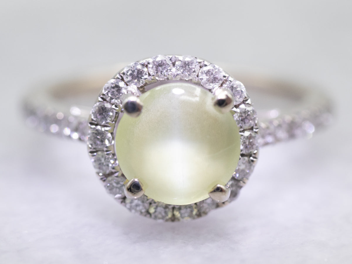 Modern Cat's Eye Chrysoberyl and Diamond Halo Ring