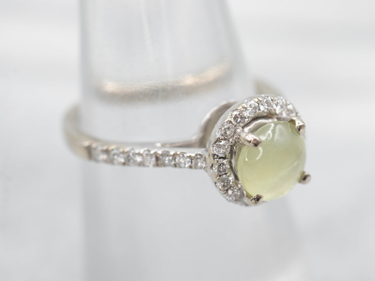 Modern Cat's Eye Chrysoberyl and Diamond Halo Ring