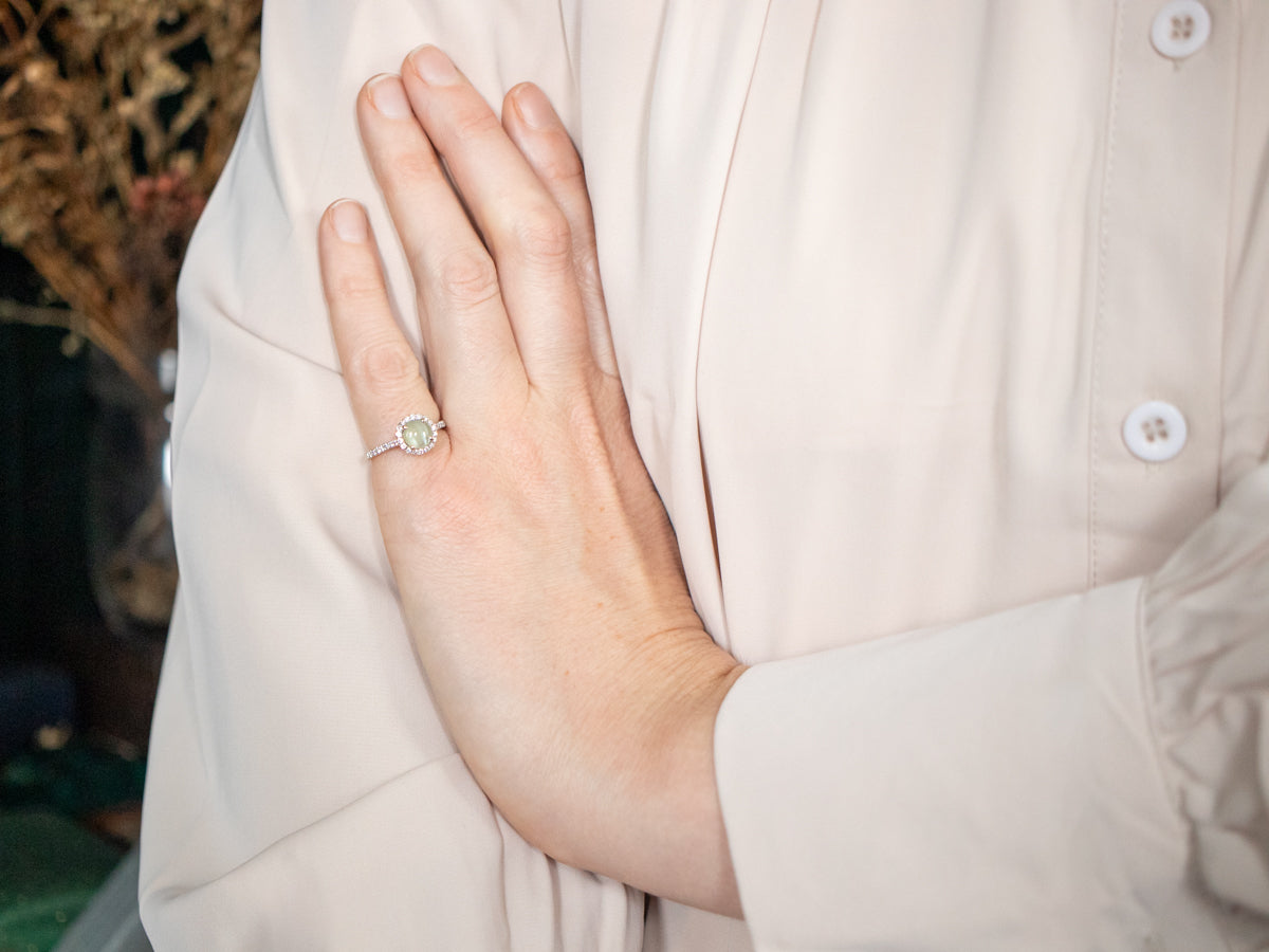 Modern Cat's Eye Chrysoberyl and Diamond Halo Ring