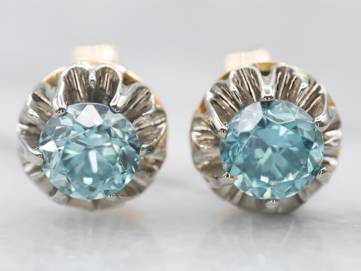 Two Tone Gold Blue Zircon Stud Earrings