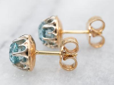Two Tone Gold Blue Zircon Stud Earrings