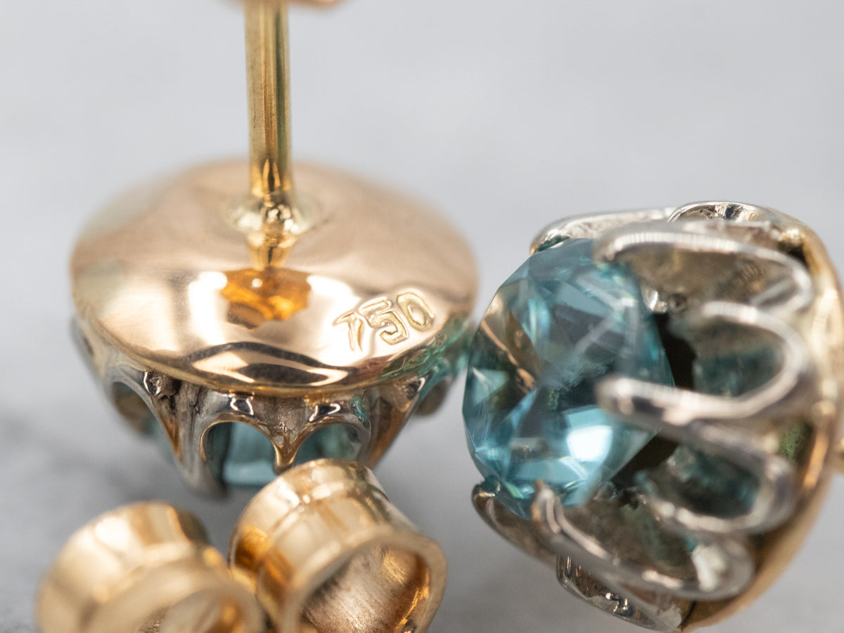 Two Tone Gold Blue Zircon Stud Earrings