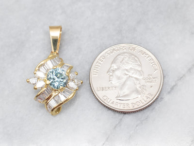 Yellow Gold Blue Zircon and Diamond Pendant