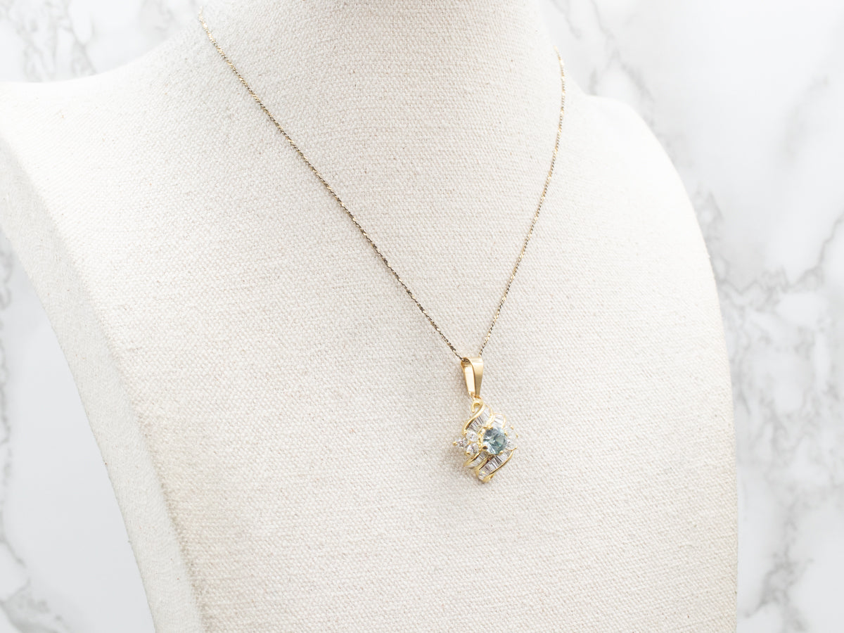 Yellow Gold Blue Zircon and Diamond Pendant