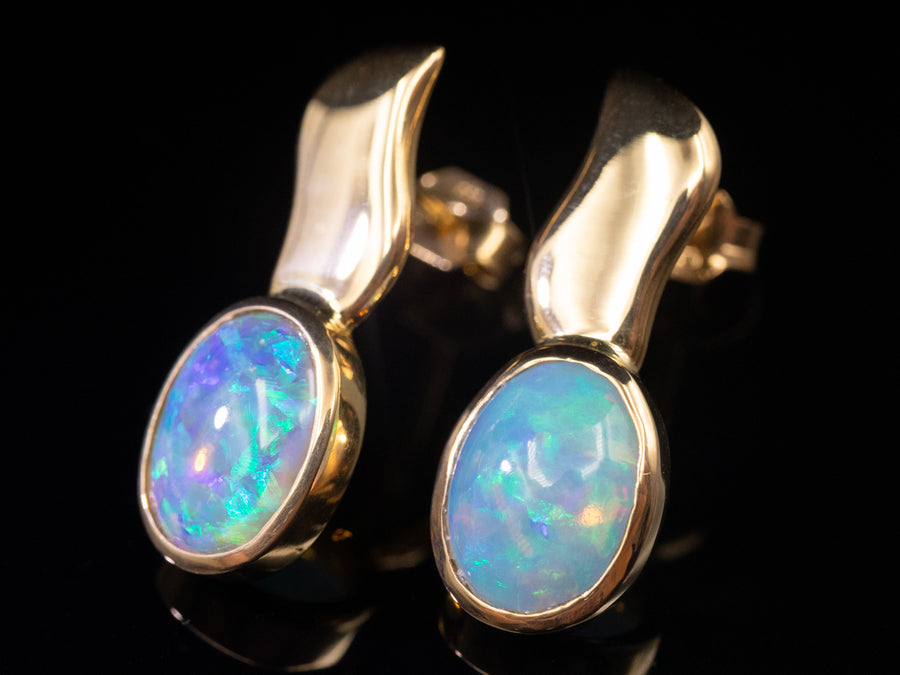 18Ct Gold Bezel Set Opal Drop Stud Earrings