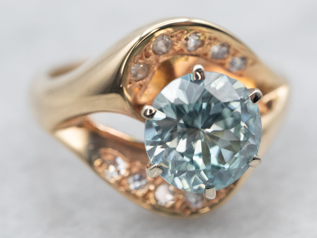 Retro Era Blue Zircon and Diamond Statement Ring