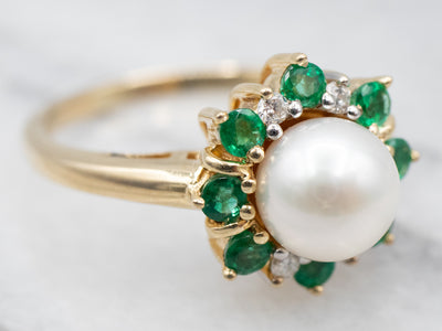 Vintage Pearl Emerald and Diamond Halo Ring