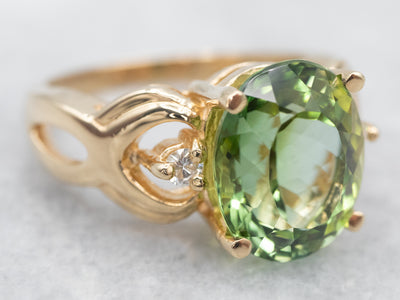 Yellow Gold Green Tourmaline Cocktail Ring with Diamond Accents