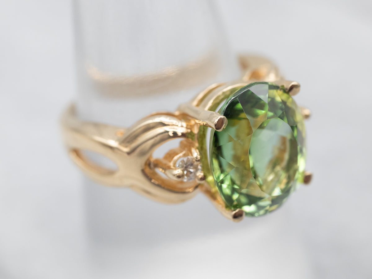 Yellow Gold Green Tourmaline Cocktail Ring with Diamond Accents
