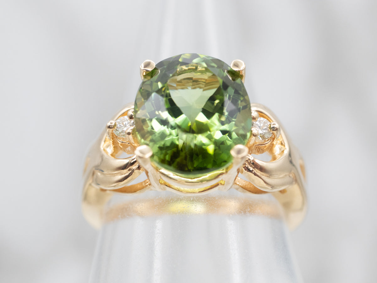 Yellow Gold Green Tourmaline Cocktail Ring with Diamond Accents