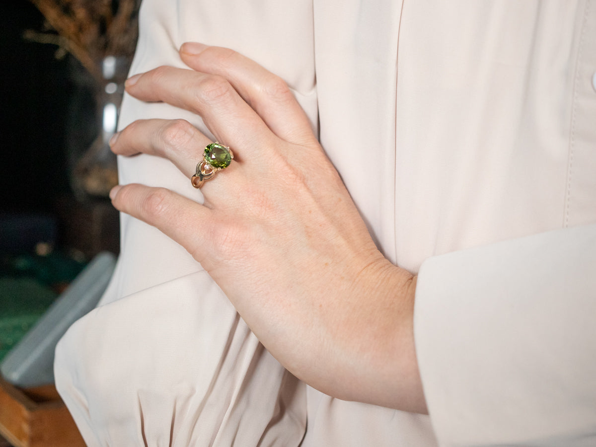 Yellow Gold Green Tourmaline Cocktail Ring with Diamond Accents