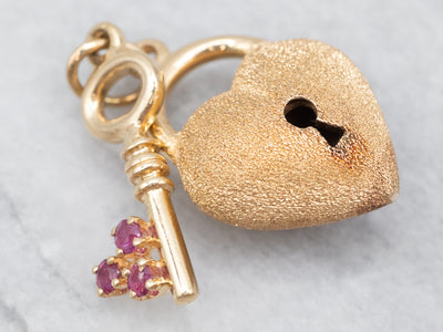 Textured Gold Heart Ruby Lock and Key Pendant