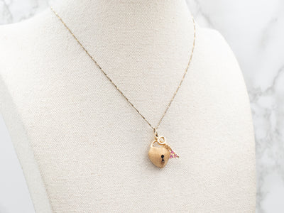 Textured Gold Heart Ruby Lock and Key Pendant