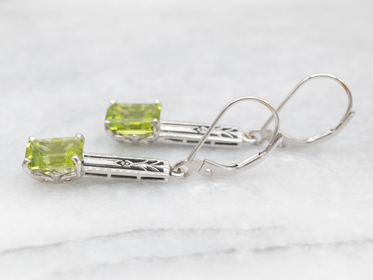 White Gold Peridot Deco Bar Drop Earrings