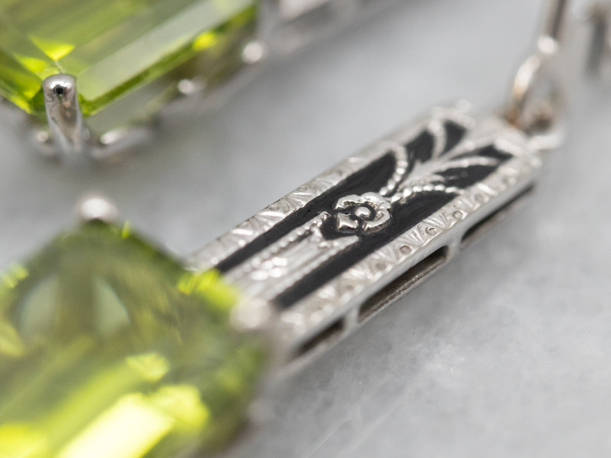 White Gold Peridot Deco Bar Drop Earrings
