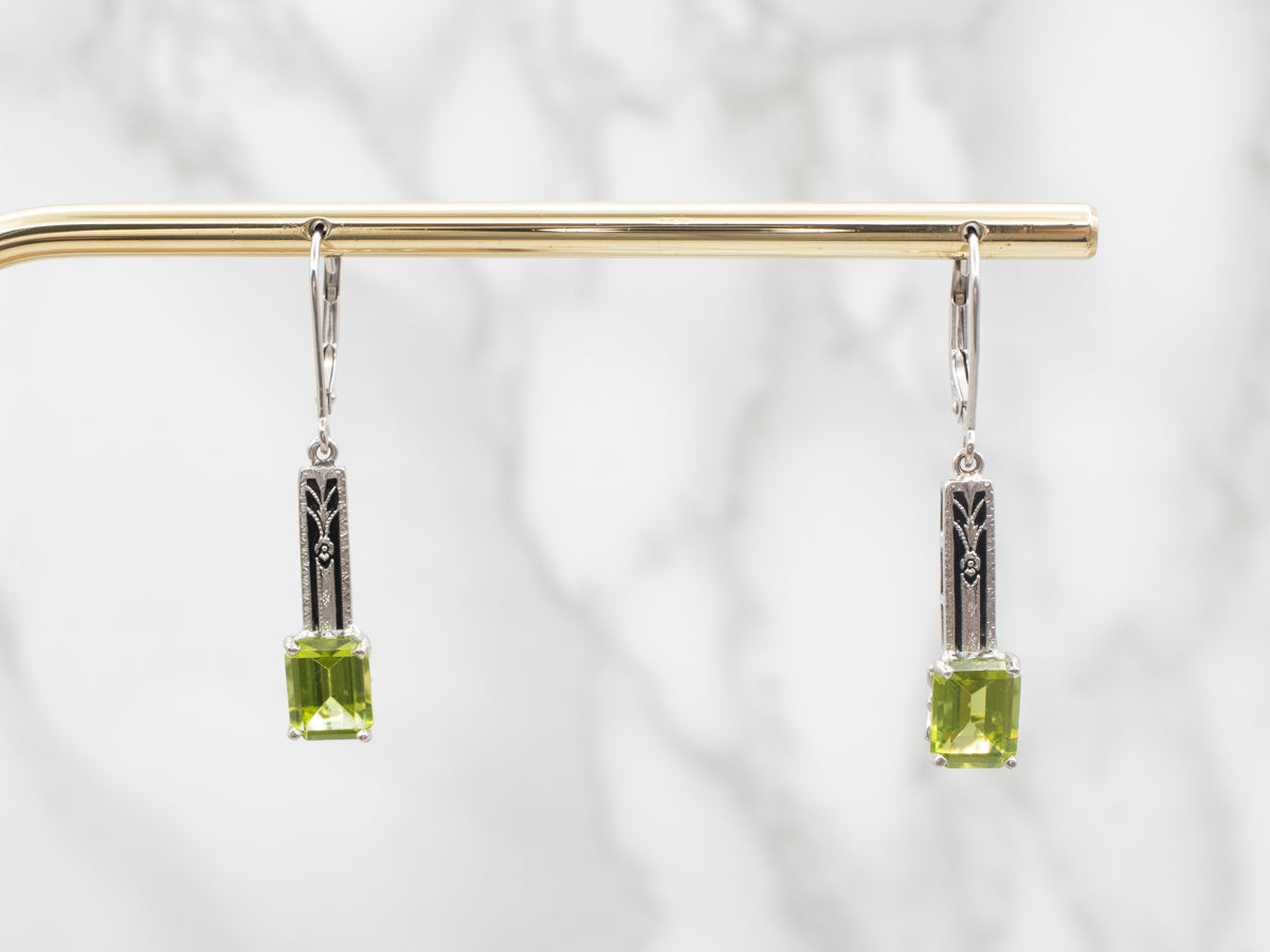 White Gold Peridot Deco Bar Drop Earrings