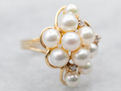 Yellow Gold Pearl and Diamond Cluster Ring