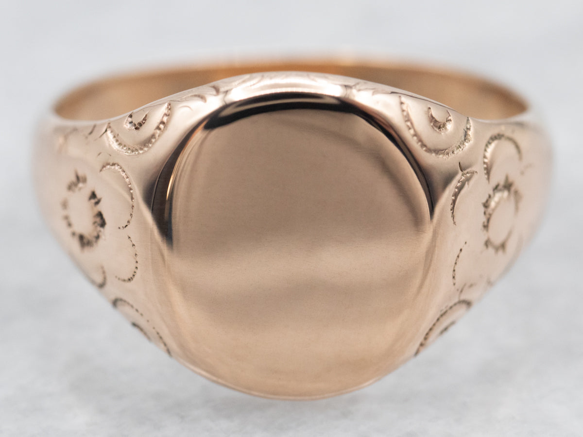Antique Rose Gold Signet Ring with Floral Shoulders