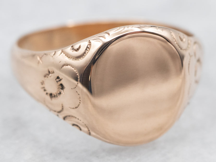 Antique Rose Gold Signet Ring with Floral Shoulders