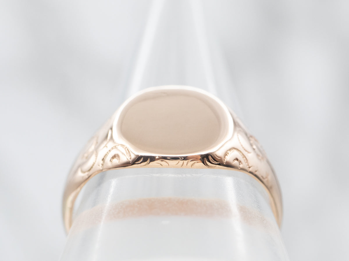 Antique Rose Gold Signet Ring with Floral Shoulders