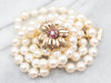 Retro Yellow Gold Double Strand Pearl Necklace with Ruby and Diamond Accents