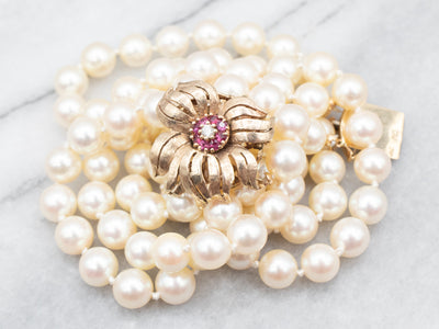 Retro Yellow Gold Double Strand Pearl Necklace with Ruby and Diamond Accents