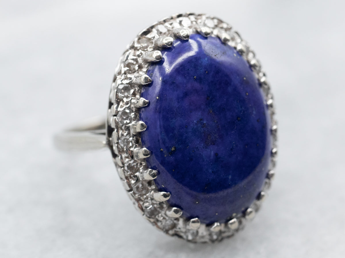 White Gold Lapis Ring with Diamond Halo