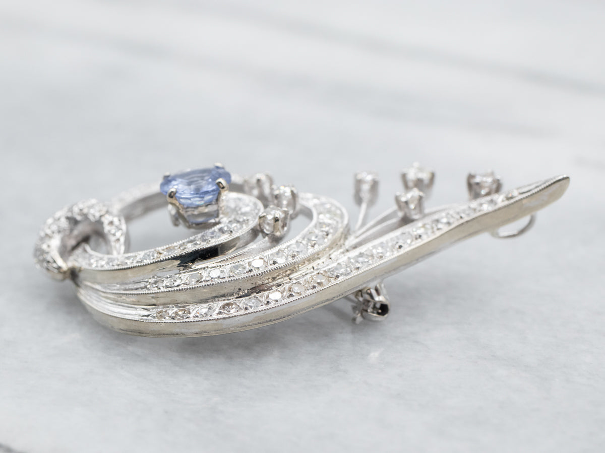 Retro Era White Gold Sapphire and Diamond Brooch