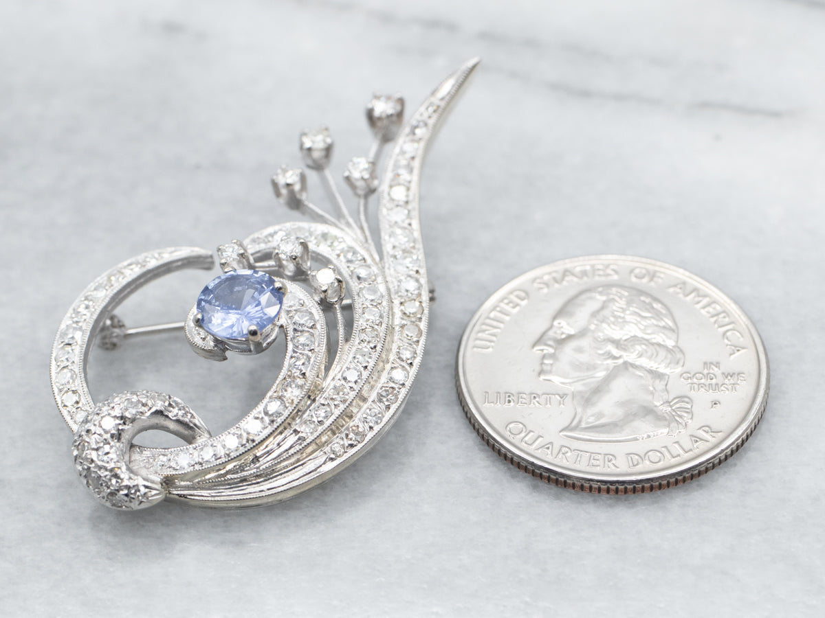 Retro Era White Gold Sapphire and Diamond Brooch