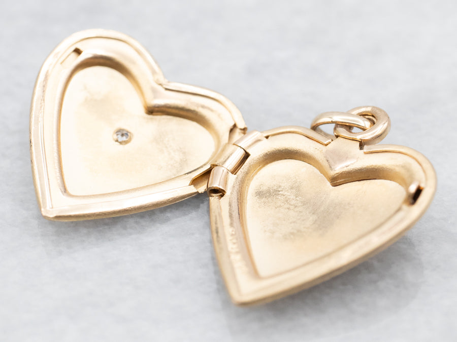 Yellow Gold Heart Shaped Locket with Diamond Accent