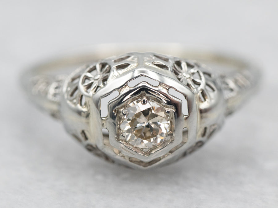 Art Deco European Cut Diamond Solitaire Engagement Ring