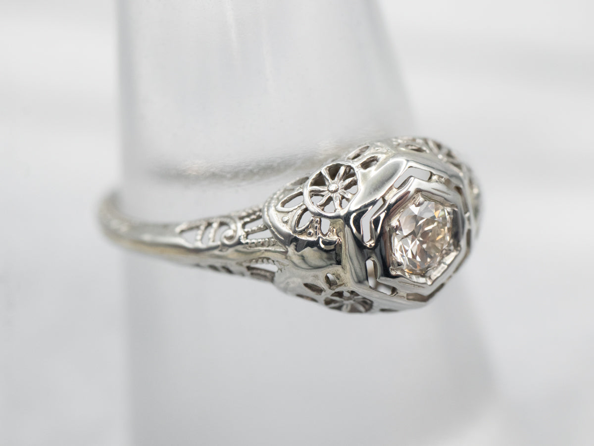 Anillo de compromiso con solitario de diamantes de talla europea Art Déco